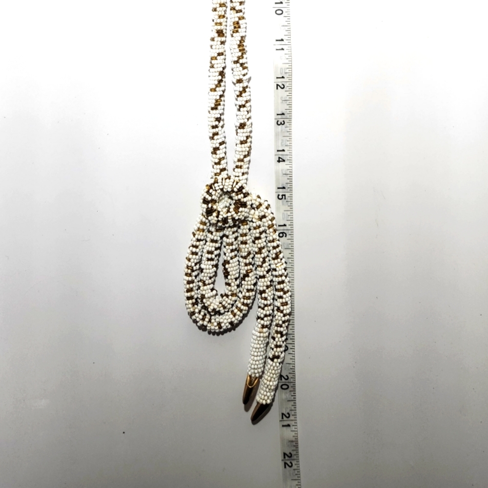 Vintage White and Gold Tone Beaded Braided Necklace Extra Long 21" L - Picture 5 of 5